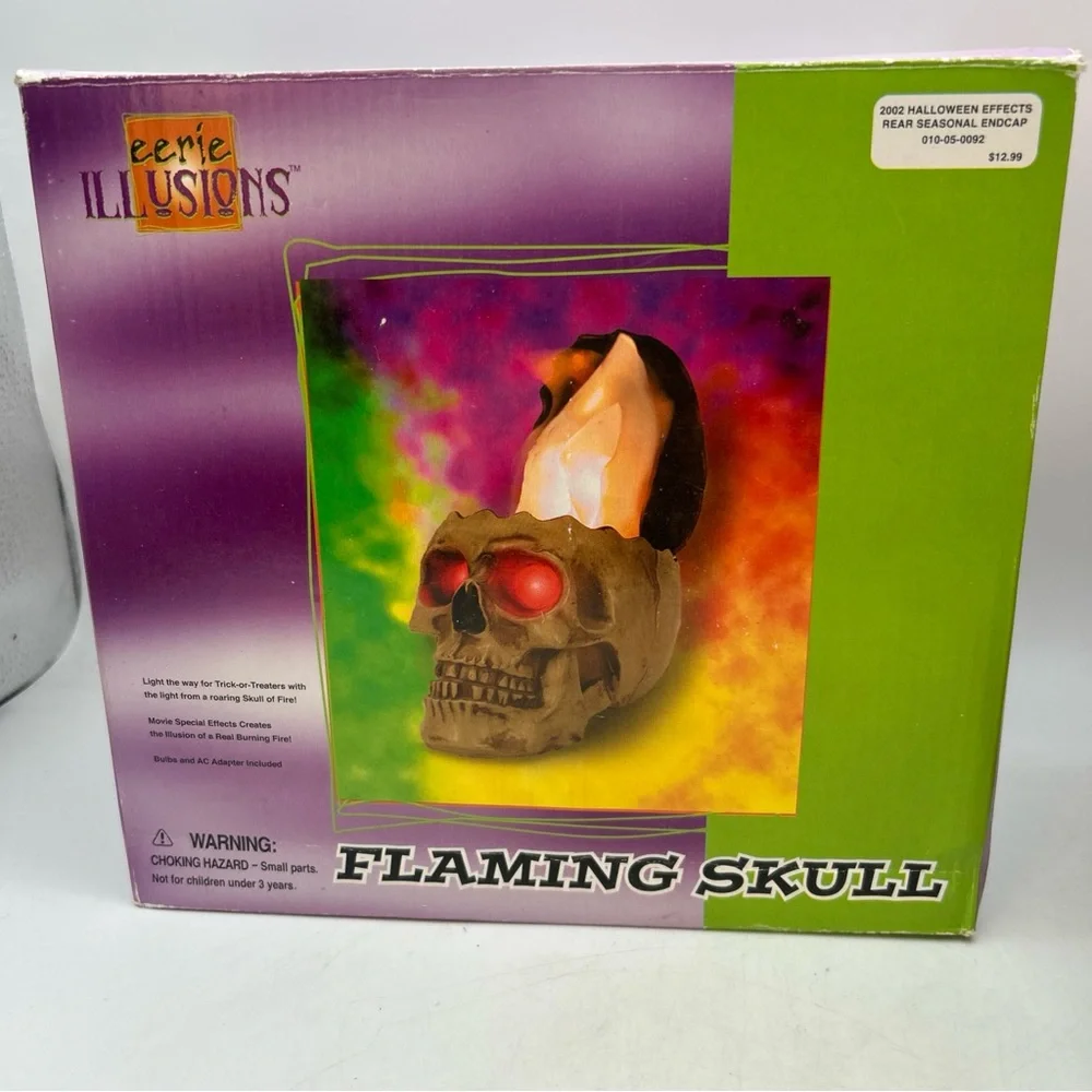 Gemmy Eerie Illusions Flaming Skull Lighted SCARY  Halloween Decor (See Desc)Vtg